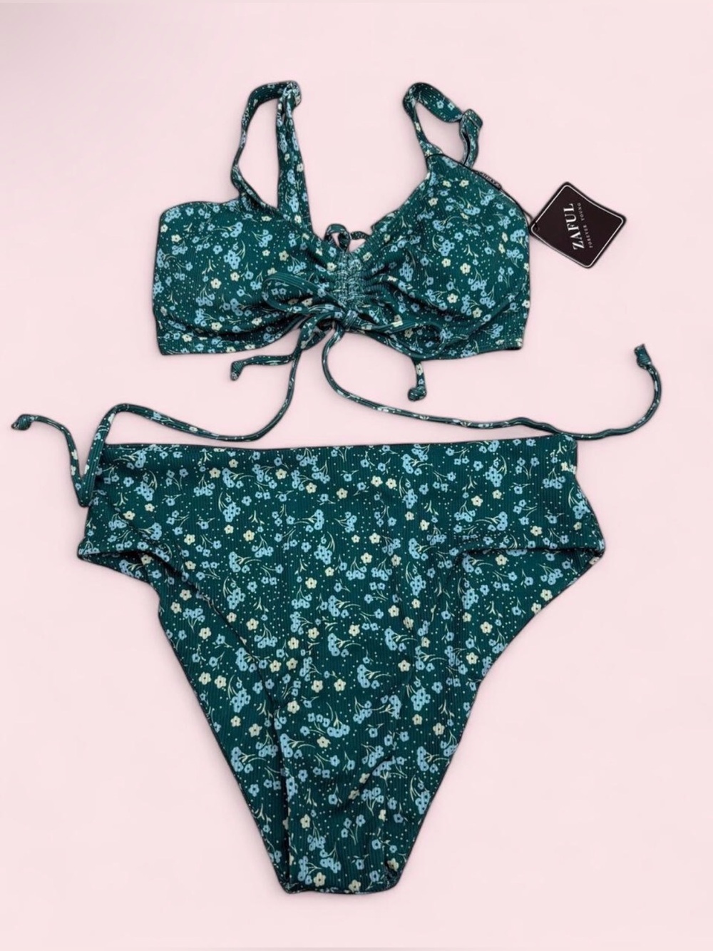 Zaful Green Floral Bikini Set Sz Med Adj. Straps coquette whimsy Cottagecore